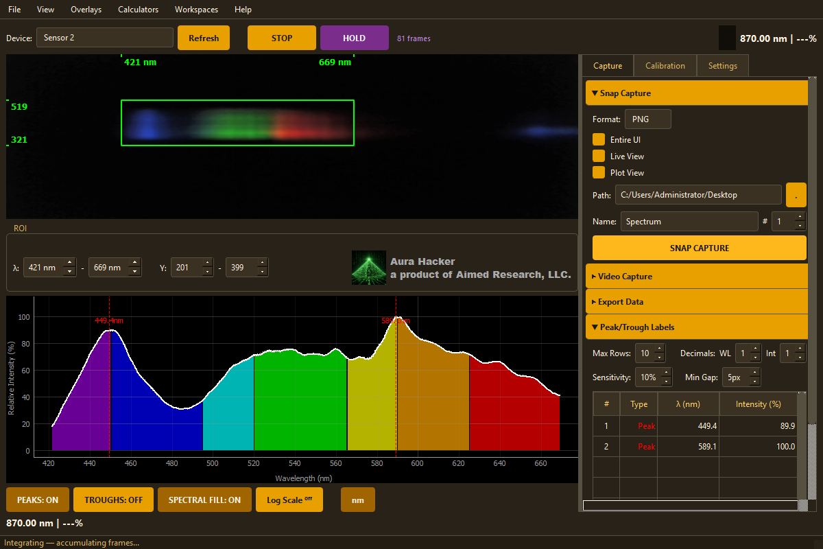 Aura Hacker live capture: spectral plot, peak labels, ROI control, and snap/video capture